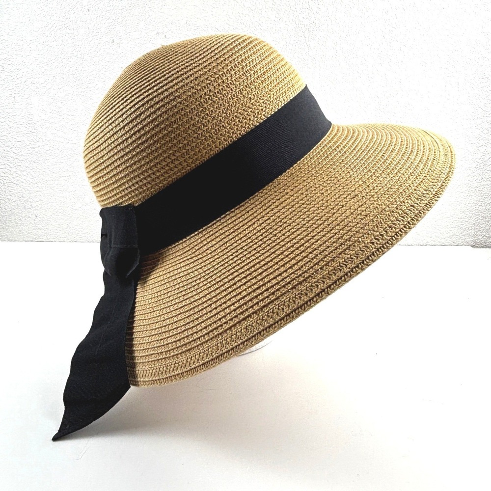Verabella Sun Hat Women OS Tan Black Adjustable Wide Brim Bow Straw Visor Summer